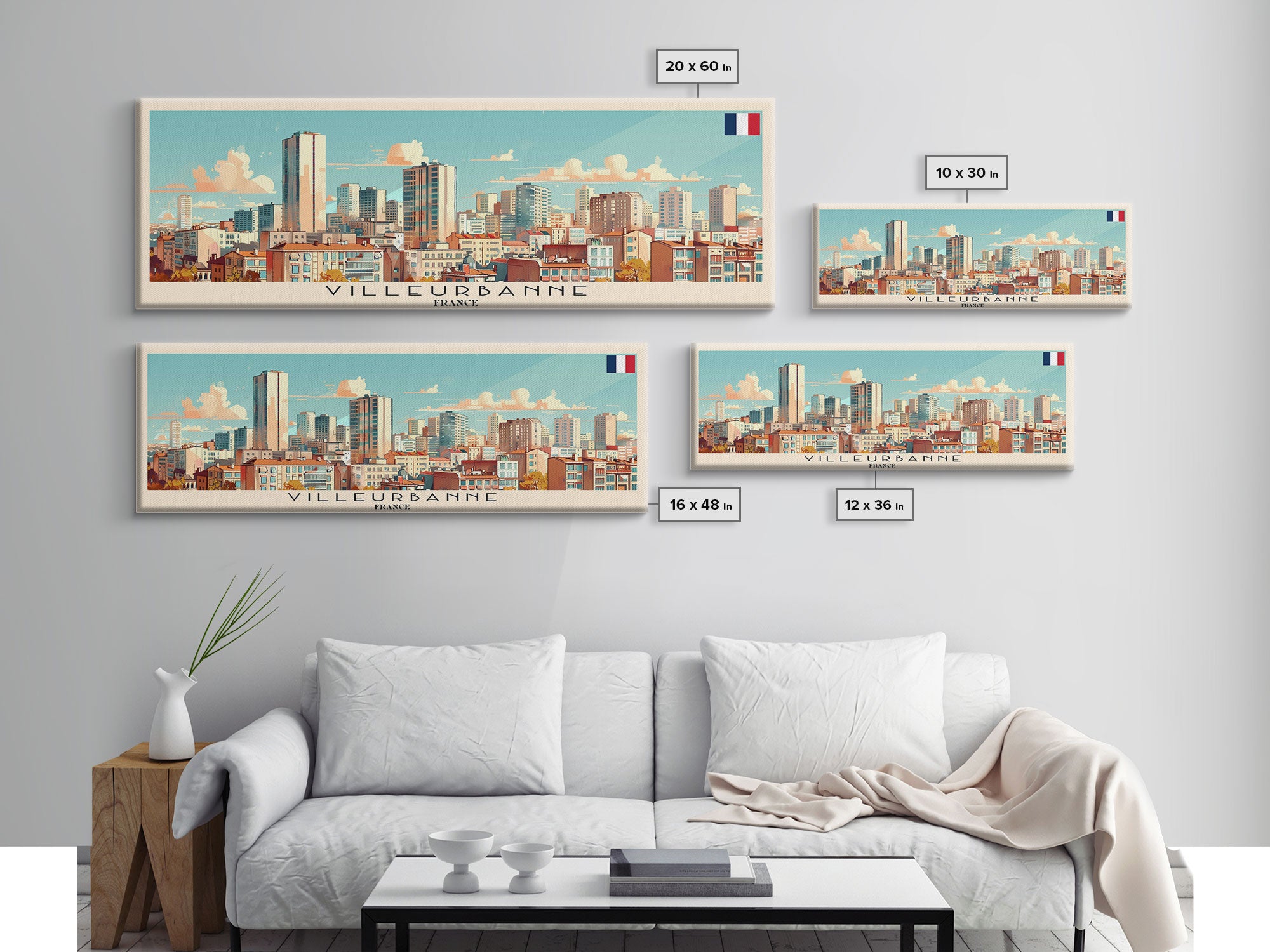 Villeurbanne France Panoramic Travel Poster, Framed Canvas Print or Metal Wall Art, Travel Art, Home Decor, Panoramic Painting, Midcentury Art