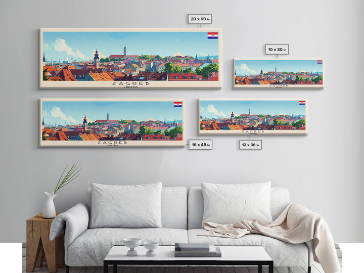 Zagreb Croatia Travel Art, City Art, Framed Canvas Print or Metal Wall Art, Europe Travel Poster, Panoramic Wall Art, Extra Wide Wall Art