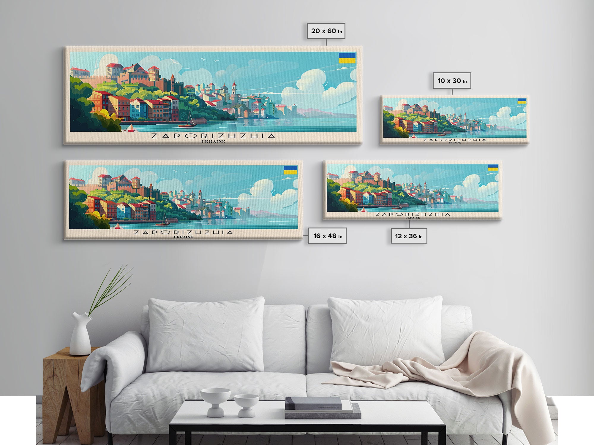 Zaporizhzhia Ukraine Panoramic Travel Poster, Framed Canvas Print or Metal Wall Art, Travel Art, Home Decor, Panoramic Painting, Midcentury Art