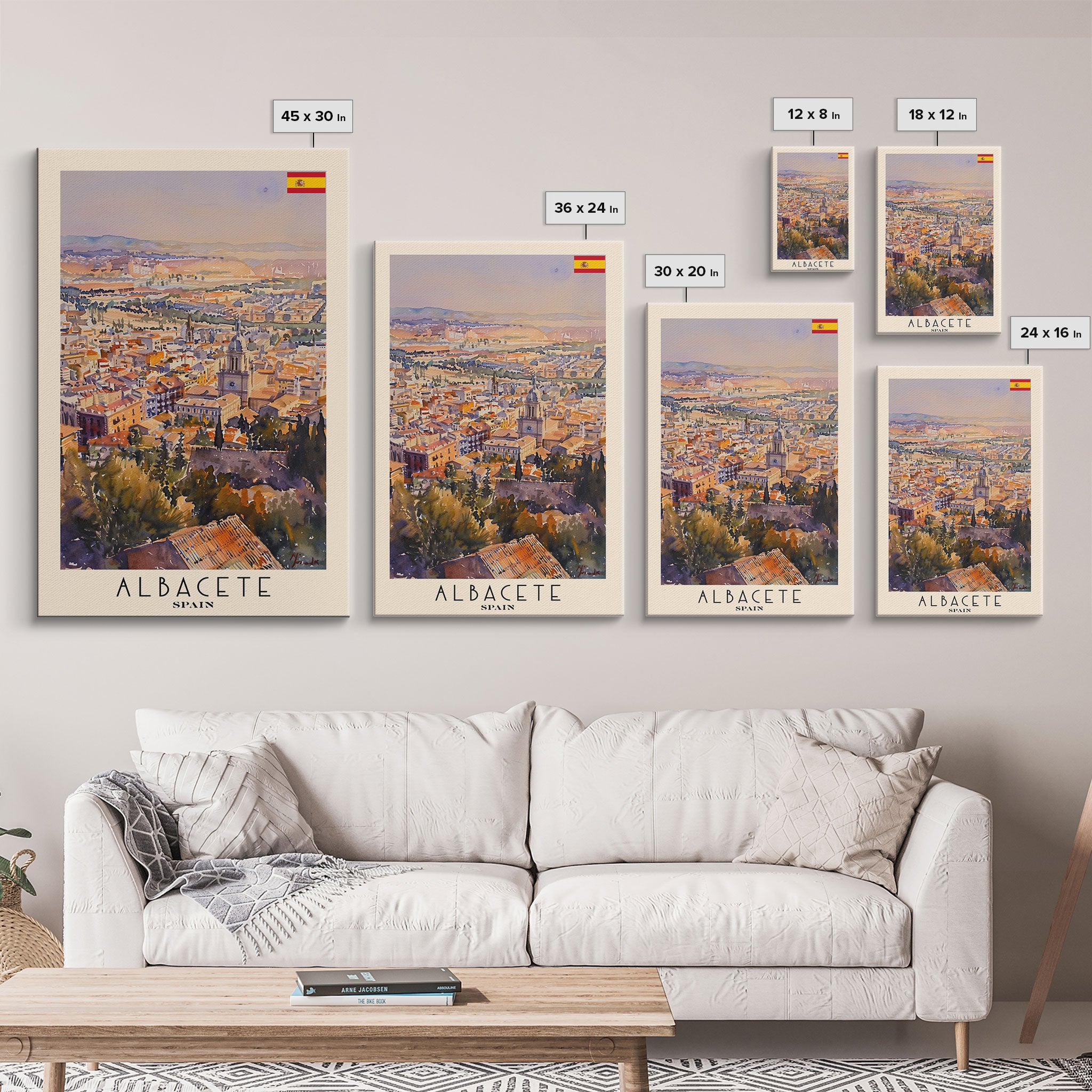 Albacete Spain Skyline Travel Poster Art, Framed Canvas Print, Vibrant Wall Art for Living Room, Bedroom Decor, Home Decoration