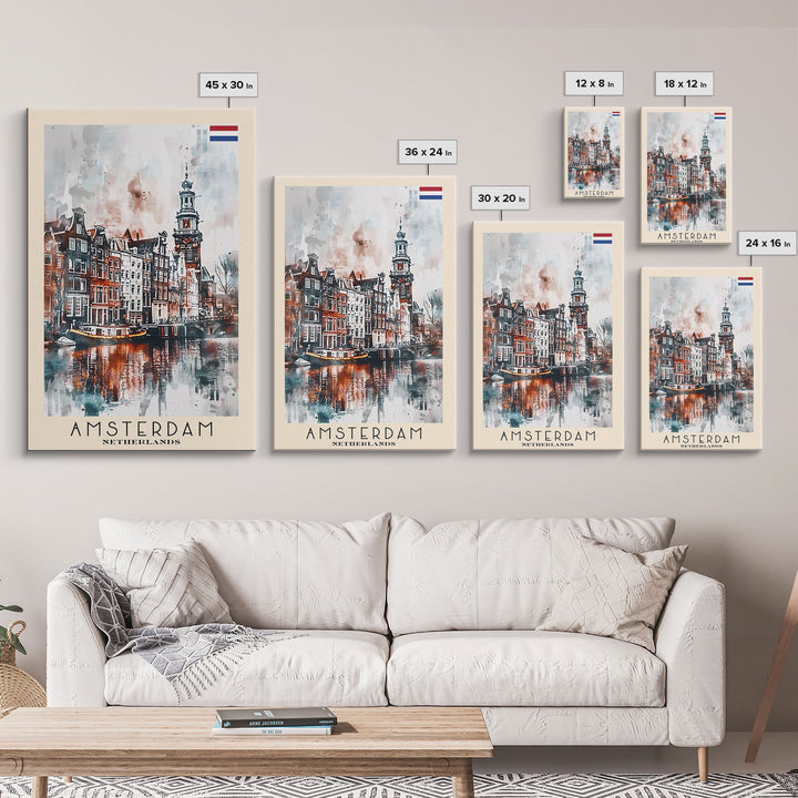 Stunning Amsterdam Cityscape, Framed Canvas Print, Perfect for Living Room Art, Travel Poster, Boho Home Decor, Watercolor Art