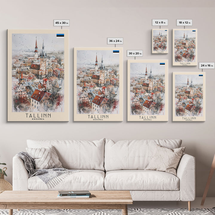 Tallinn Estonia Travel Poster Framed Canvas Print, Watercolor Painting, Scenic Wall Art, Home Decor, Estonian Cityscape, Modern Art