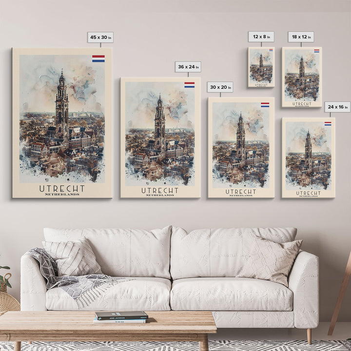 Utrecht Netherlands Travel Poster Framed Canvas Print, Watercolor Painting, Urban Wall Art, Home Decor, Dutch Cityscape, Trendy Art