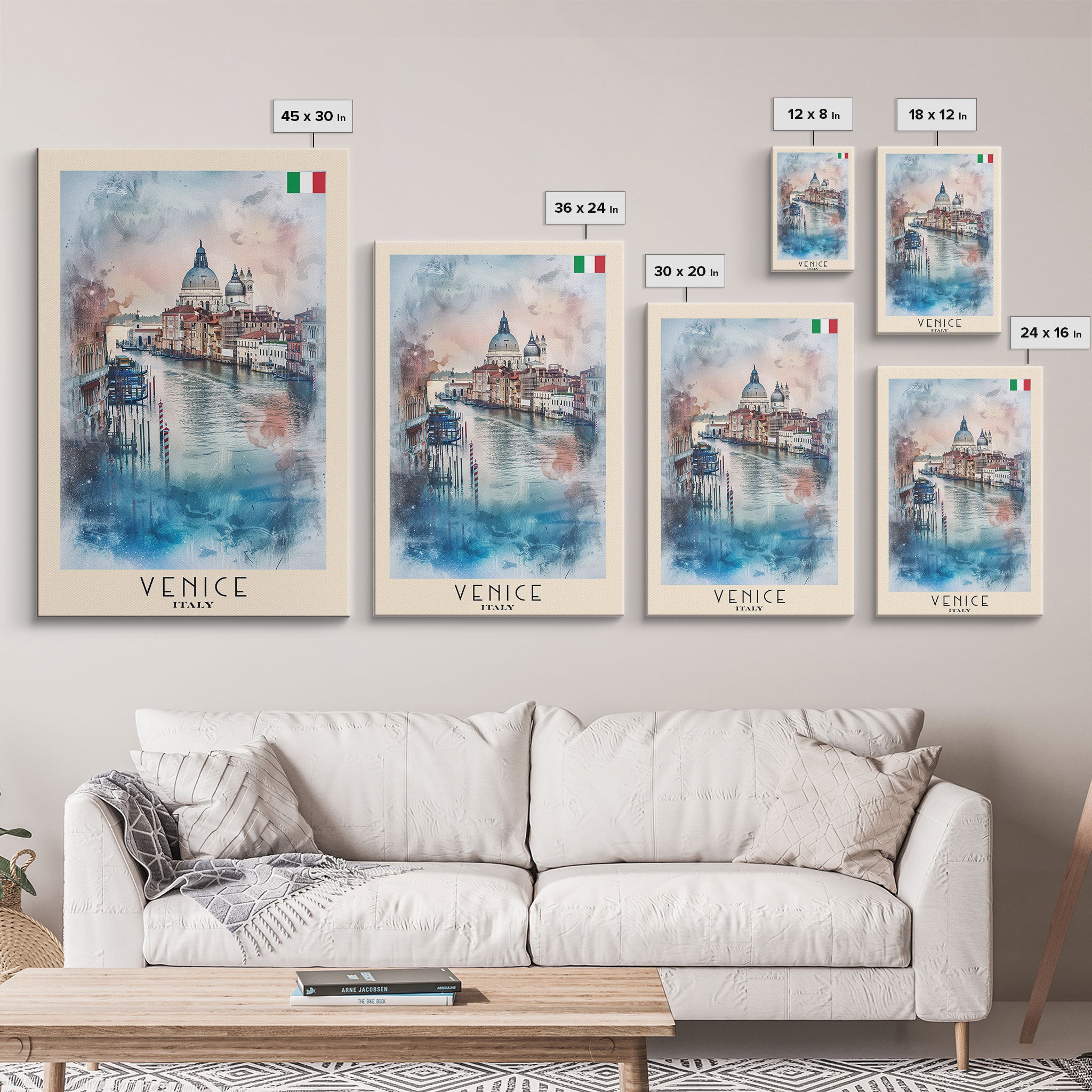 Venice Italy Travel Poster Framed Canvas Print, Watercolor Painting, Scenic Wall Art, Home Decor, Italian Canals, Romantic Decor