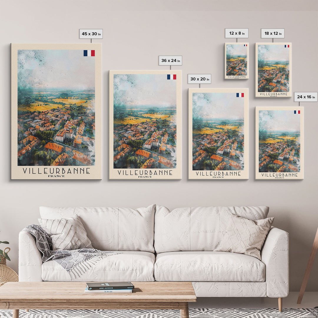 Villeurbanne France Travel Poster Framed Canvas Print, Watercolor Painting, Urban Wall Art, Home Decor, French Cityscape, Contemporary Decor