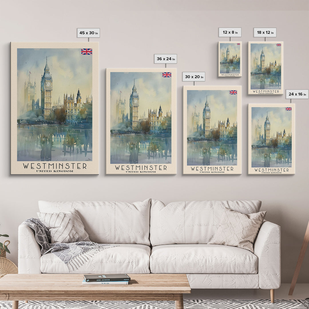 Westminster United Kingdom Travel Poster Framed Canvas Print, Watercolor Painting, Urban Wall Art, Home Decor, British Cityscape, Gift for Travelers