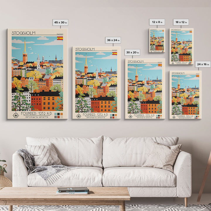 Stockholm Sweden Travel Poster Framed Canvas Print, Midcentury Modern Art, Pop Art Wall Decor, Living Room Art, Scenic Wall Art