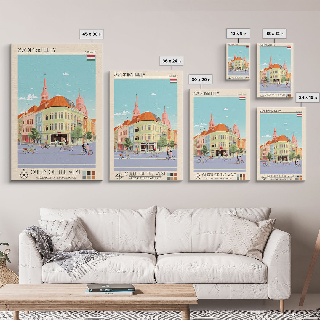 Szombathely Hungary Travel Poster Framed Canvas Print, Midcentury Modern Art, Pop Art Wall Decor, Living Room Art, Scenic Wall Art