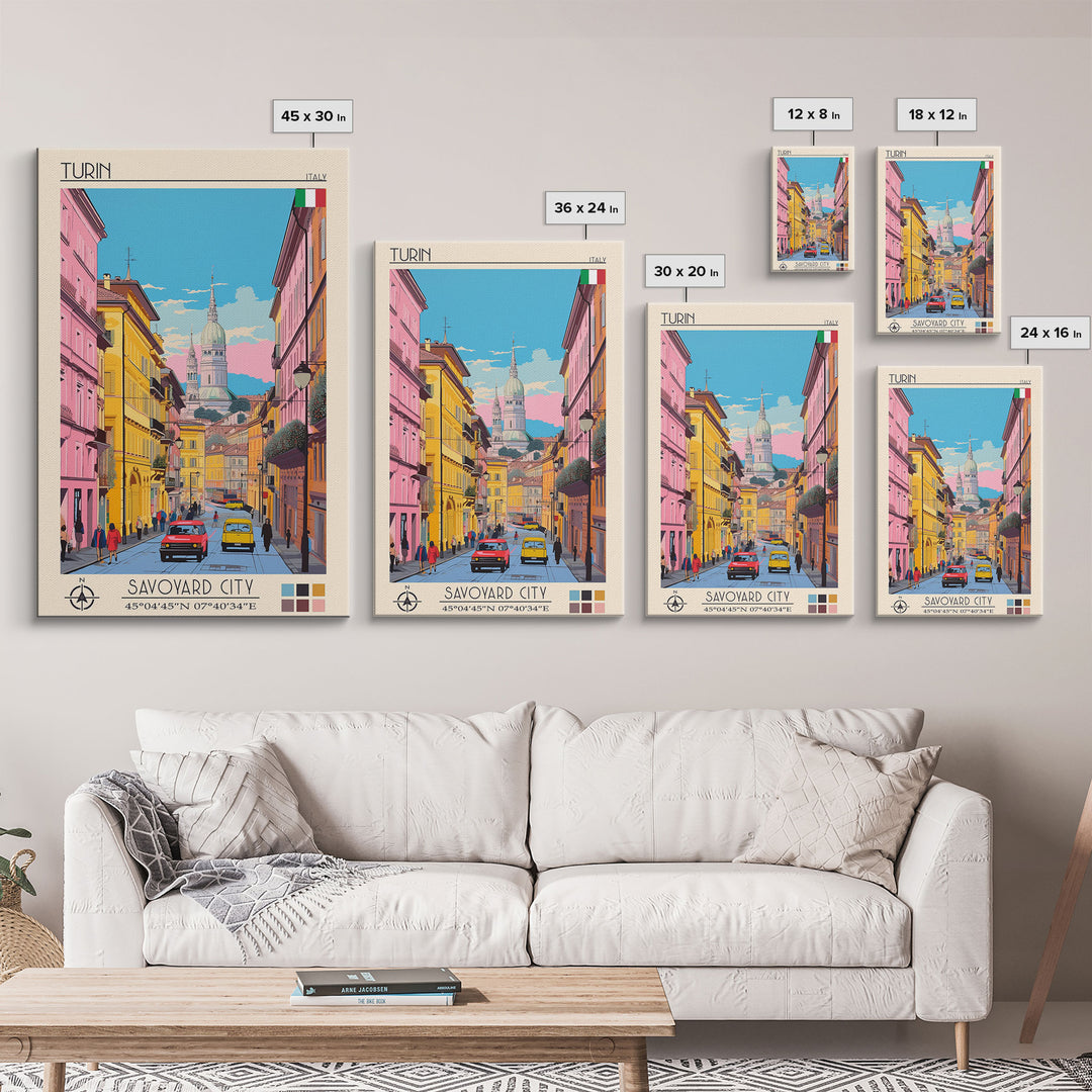 Turin Italy Travel Poster Framed Canvas Print, Midcentury Modern Art, Pop Art Wall Decor, Living Room Art, Home Decoration