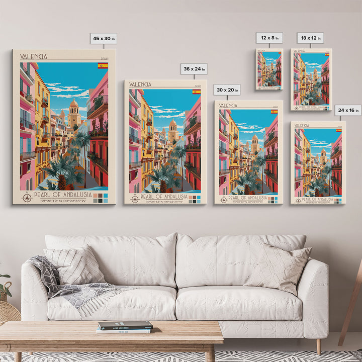 Valencia Spain Travel Poster Framed Canvas Print, Midcentury Modern Art, Pop Art Wall Decor, Living Room Art, Vacation Gift