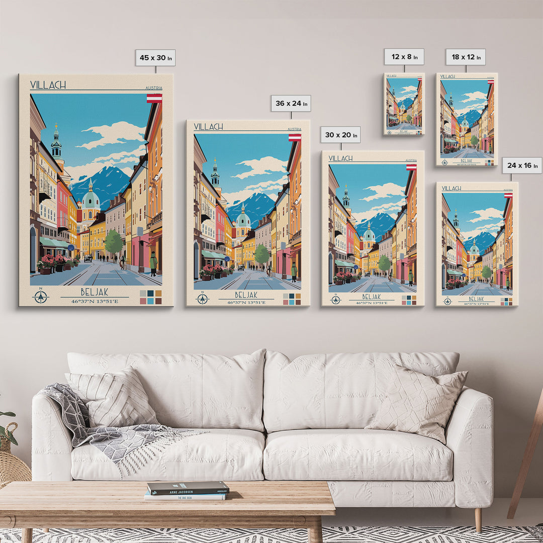 Villach Austria Travel Poster Framed Canvas Print, Midcentury Modern Art, Pop Art Wall Decor, Living Room Art, Scenic Wall Art