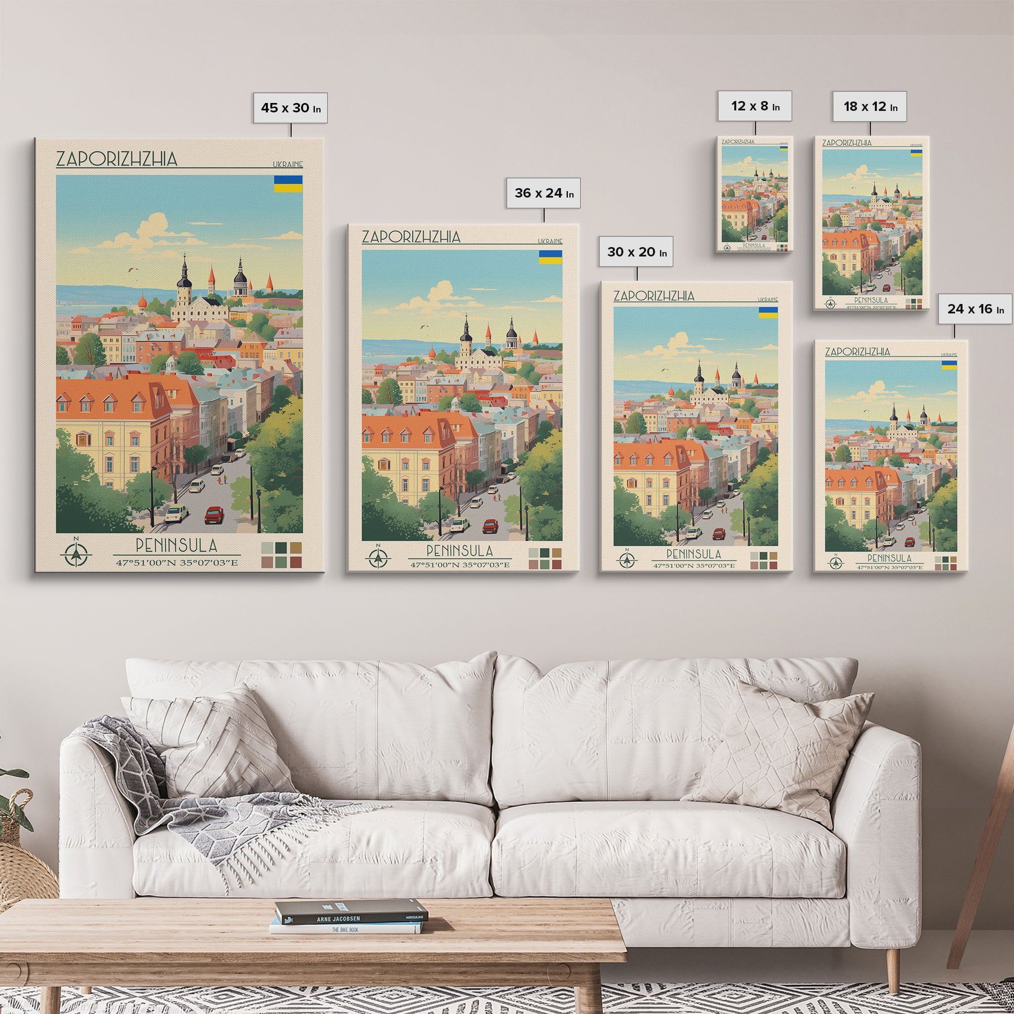 Zaporizhzhia Ukraine Travel Poster Framed Canvas Print, Midcentury Modern Art, Pop Art Wall Decor, Living Room Art, Scenic Wall Art