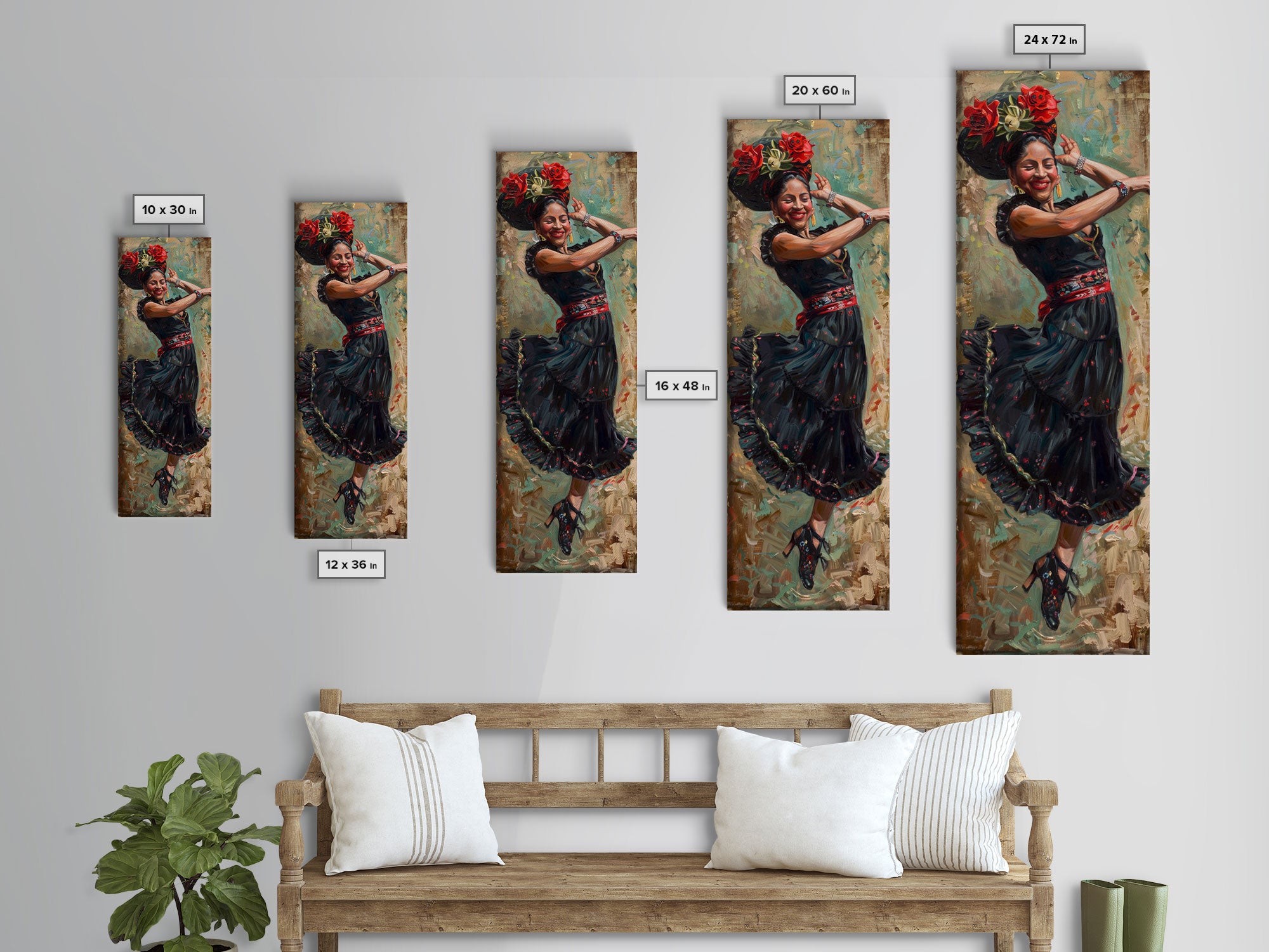 Mexican Inspired Textured Canvas Art of Flamenco Dancer, Spanish Oil Painting, Oversized Vintage Canvas Art Print, Tall and Narrow Art