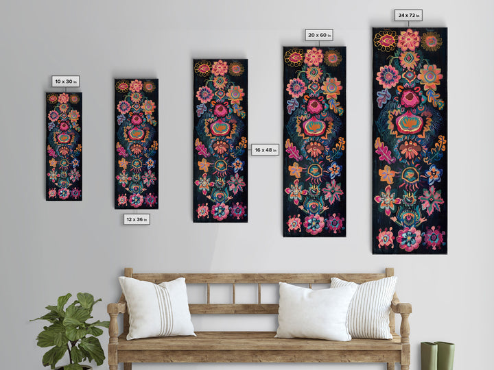 Vintage Inspired Colorful Canvas Wall Art, 70s Inspired Wall Decor, Vibrant Floral Wall Art, Skinny Art For Living Room, Gallery Art Print