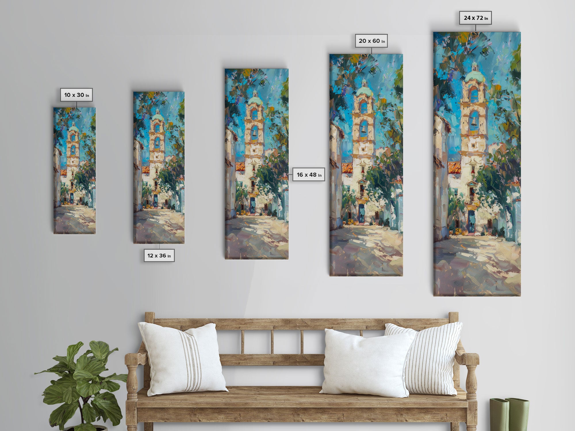 Textured Impasto Canvas Painting of Mexican Belltower, Western Wall Art for Living Room, Skinny Canvas Print for Office, Modern Wall Art