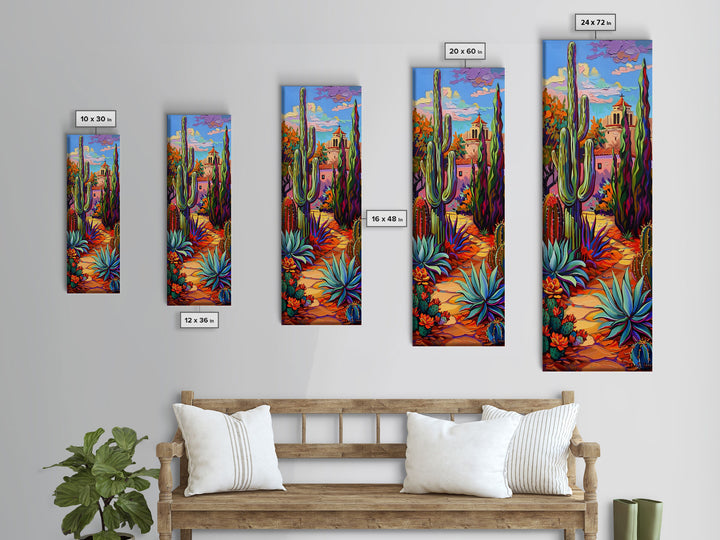 Printed Gouache Style Canvas Painting of Desert Landscape, Framed Narrow Wall Art, Mexican Landscape Art Print, Living Room Art Print