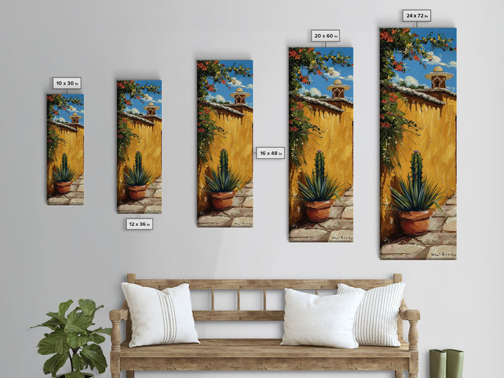 Mexican Inspired Impasto Canvas Painting Framed, Southwestern Wall Art, Tall and Narrow Wall Art, Framed Canvas Art for Living Room