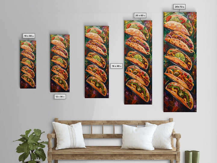 Taco Painting Framed and Printed on Canvas, Colorful Kitchen Wall Art, Mexican Inspired Food Art, Large Narrow Wall Art, Kitchen Decor