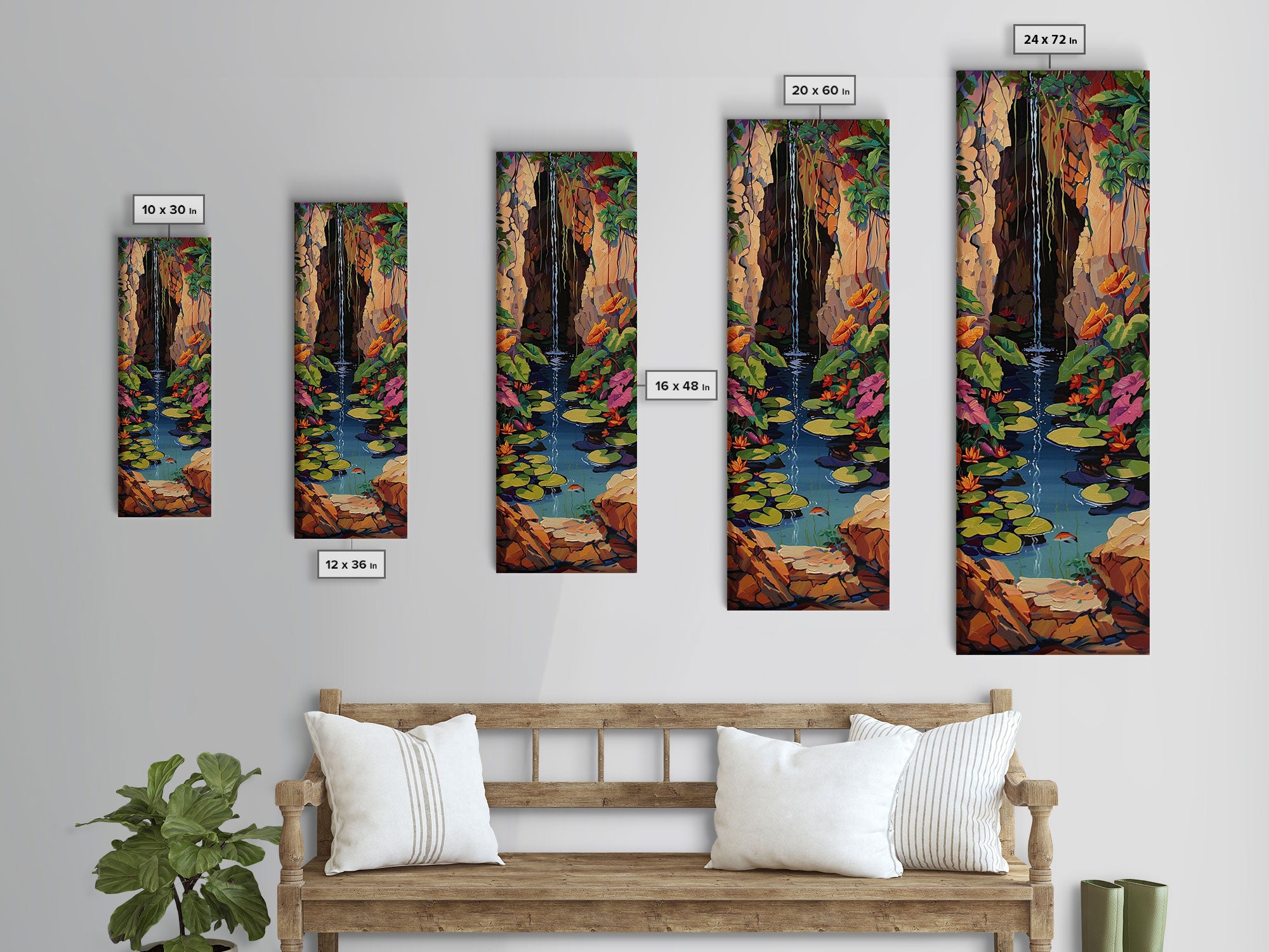 Whimsical Waterfall Canvas Painting Framed and Printed, Contemporary Art Print of Tropical Landscape, Botanical Wall Art Print, Nature Art