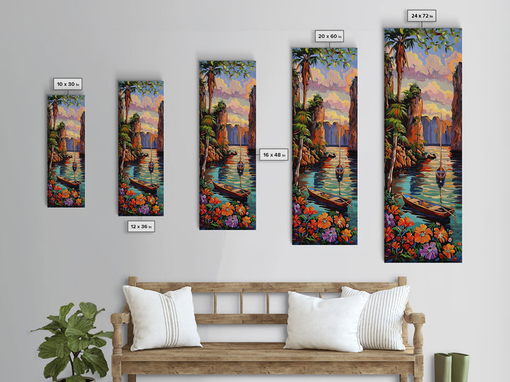 Tall and Narrow Framed Hawaii Art Print of Boats in Waterway, Canvas Painting Art for Beach House, Vertical Framed Wall Art Print