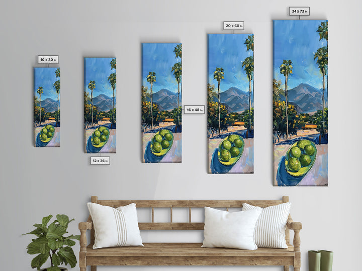 Tall and Narrow Palm Tree California Landscape Art Print Framed on Canvas, Printed Wall Art, Gouache Style Landscape Painting, Mountain Art