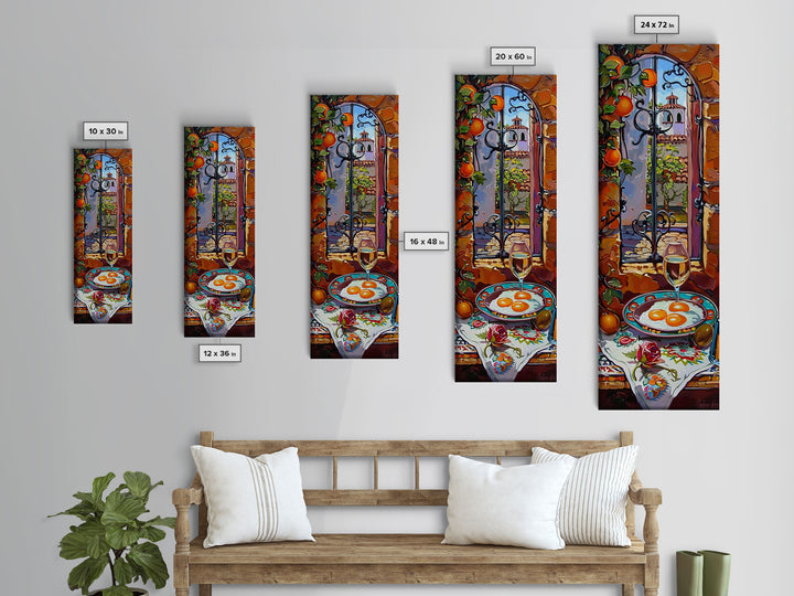 Oversized Mediterranean Style Cafe Painting Framed on Canvas, Whimsical Art, Vertical Wall Art, Spanish Style Cafe Painting, Kitchen Art