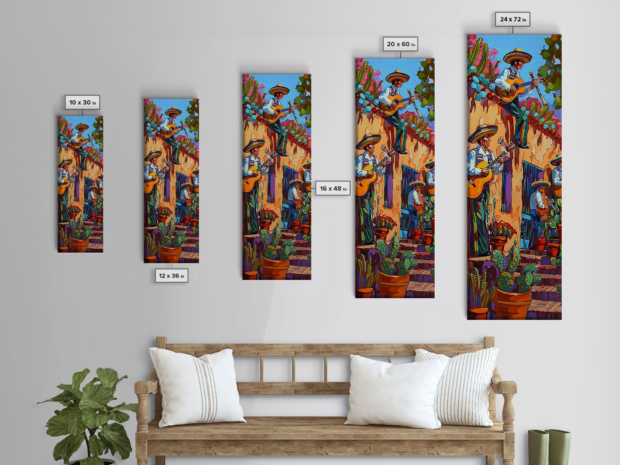 Tall and Narrow Mexican Style Mariachi Band Printed on Framed Canvas, Colorful Botanical Canvas Art, Maximalist Wall Art Print, Spanish Art