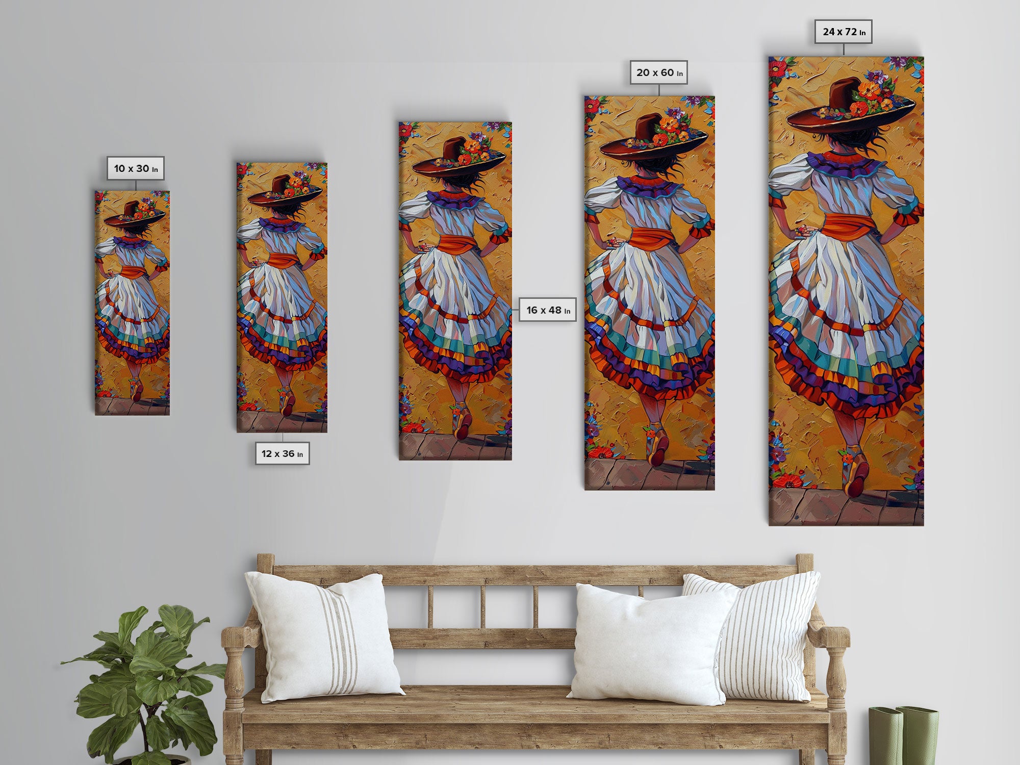 Textured Canvas Painting Print of Mexican Flamenco Dancer, Spanish Framed Art, Rustic Wall Art Print for Living Room, Oversized Vertical Art