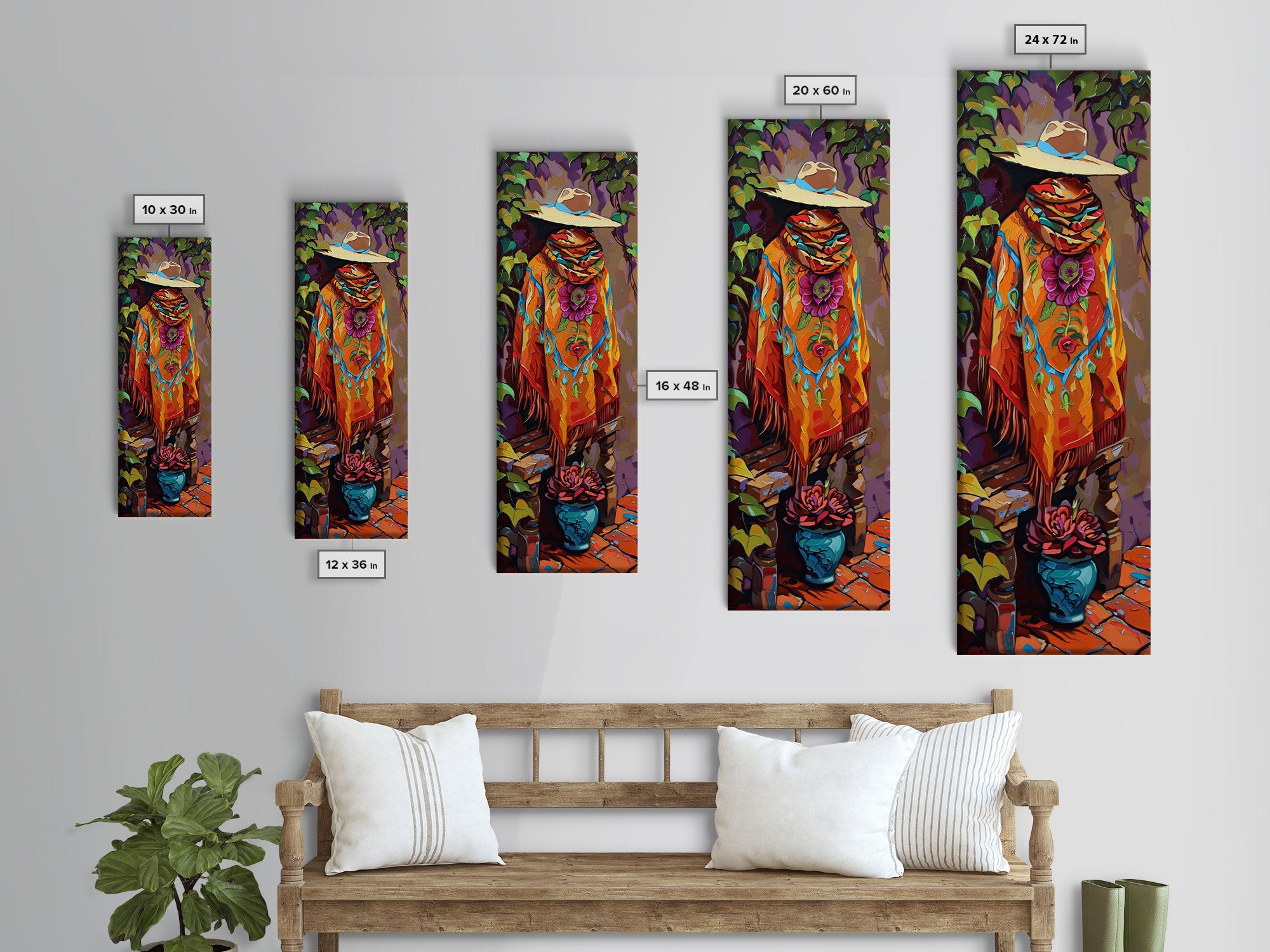 Abstract Southwest Mexican Inspired Framed Oversized Vertical Art Print, Jalisco Style Canvas Painting Framed, Colorful Rustic Spanish Art