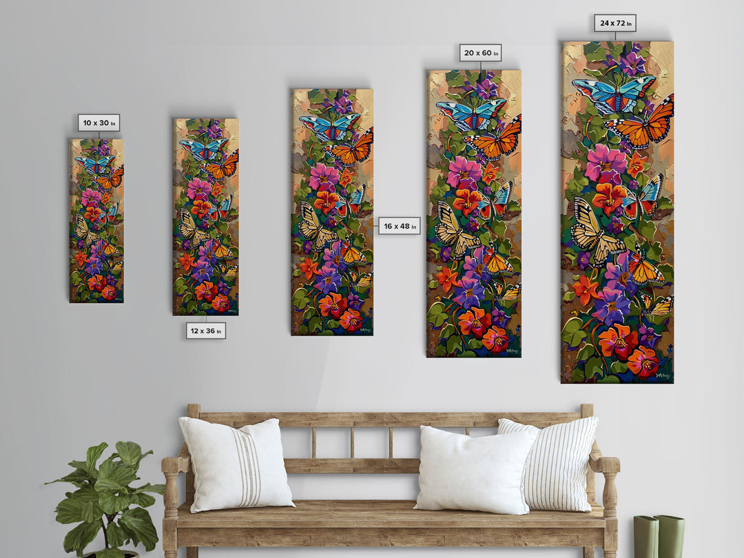 Colorful Abstract Framed Butterfly Canvas Art, Gouache Style Painting, Botanical Wall Art, Oversized Long Narrow Wall Art for Bedroom