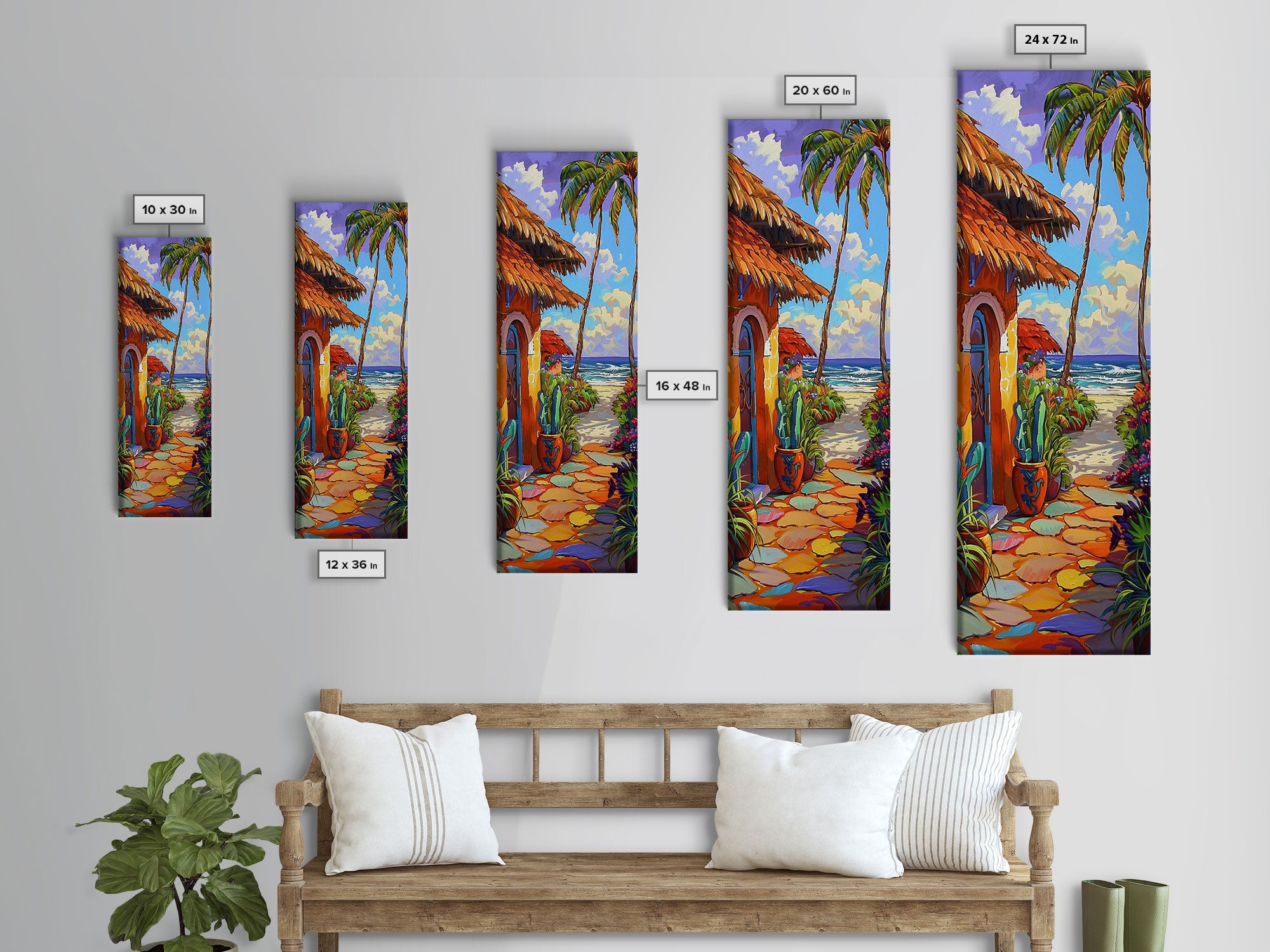 Spanish Inspired Coastal Beach Art Print on Canvas, Framed Beach Wall Art, Beach House Decor, Mediterranean Art Print, Vertical Wall Art