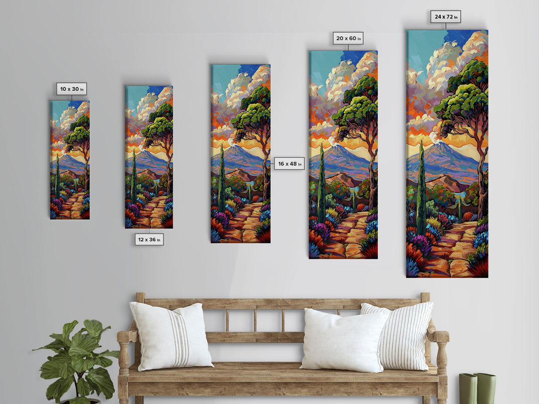 Colorful Textured Canvas Painting of Erupting Volcano Landscape, Tall and Narrow Vertical Art for Office, Mountain Wall Art Prints Framed