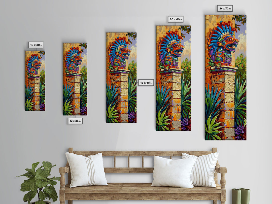 Aztec Inspired Canvas Painting Framed and Printed, Long Narrow Wall Art for Large Space, Beach House Wall Art, Tropical Wall Art Print