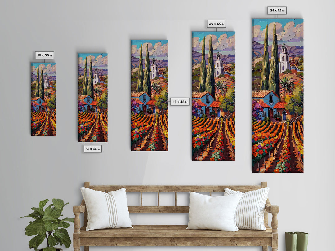 Tuscan Style Landscape Art Print of Spanish Countryside Framed on Canvas, Long Narrow Wall Art Print for Living Room, Colorful Wall Art