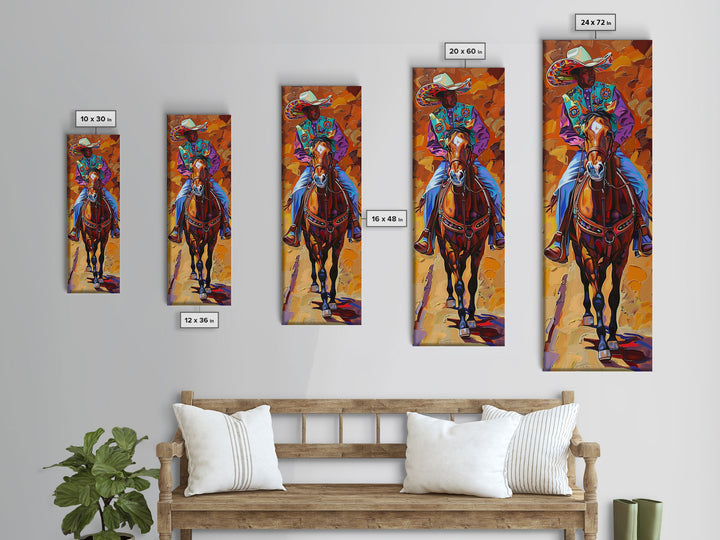 Vertical Acrylic Painting of Colorful Jalisco Cowboy Riding Horse Framed and Printed on Canvas, Mexican Inspired Wall Art for Living Room