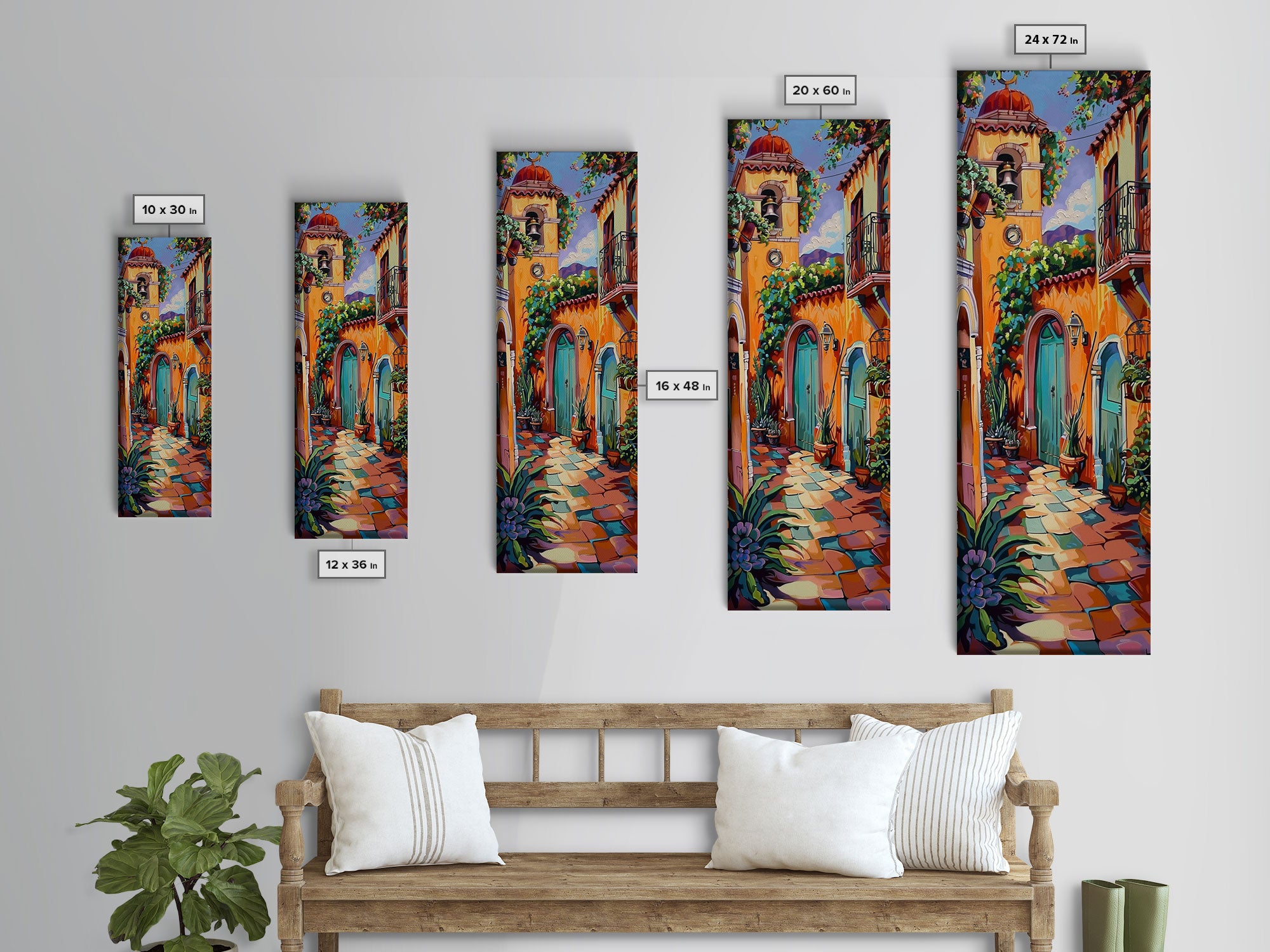 Rustic Colorful Mexican Inspired Hacienda Canvas Painting Framed, Spanish Wall Art Print, Vertical Tall and Narrow Wall Art for Large Space