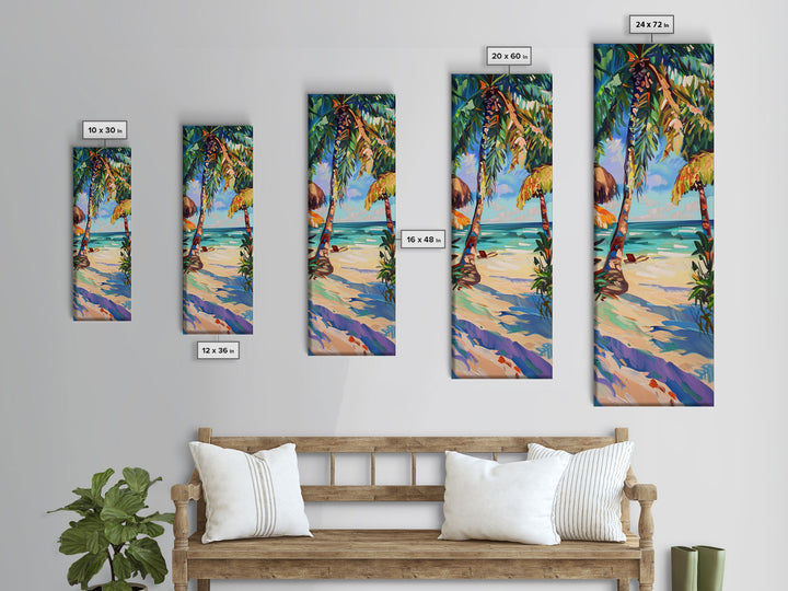 Tropical Wall Art Canvas of Ocean Landscape, Acrylic Gouache Style Canvas Art Framed and Printed, Long and Narrow Modern Abstract Art