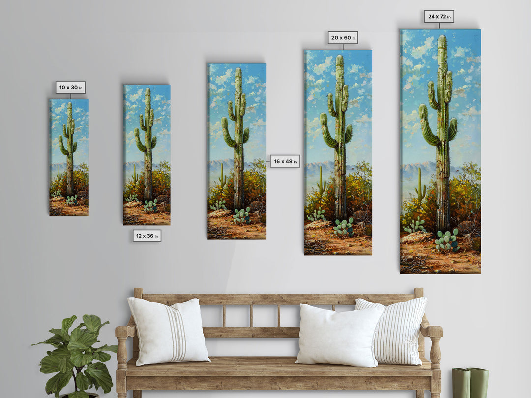 Framed Printed Acrylic Canvas Painting of Saguaro Cactus, Colorful Desert Art Print, Modern Western Wall Art Print, Office Wall Decor