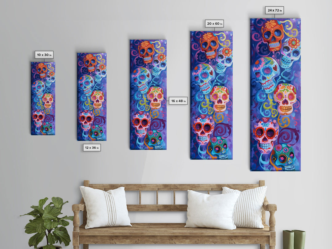 Vertical Calavera Sugar Skull Day of The Dead Canvas Painting Framed, Mexican Framed Art, Colorful Living Room Wall Art, Modern Abstract Art