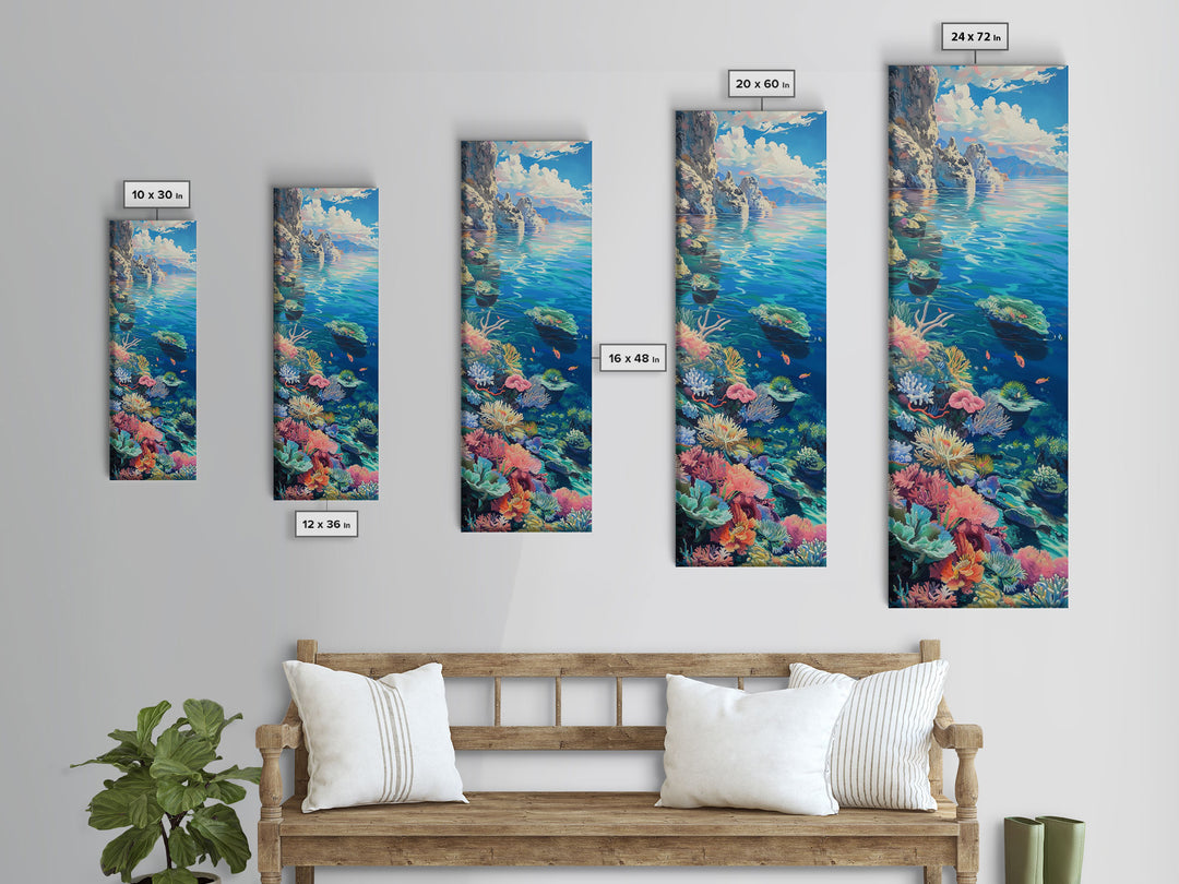 Tall and Narrow Vibrant Coral Reef Coastal Art Framed on Canvas, Ocean Painting, Tropical Coast Wall Art, Modern Art Print for Living Room