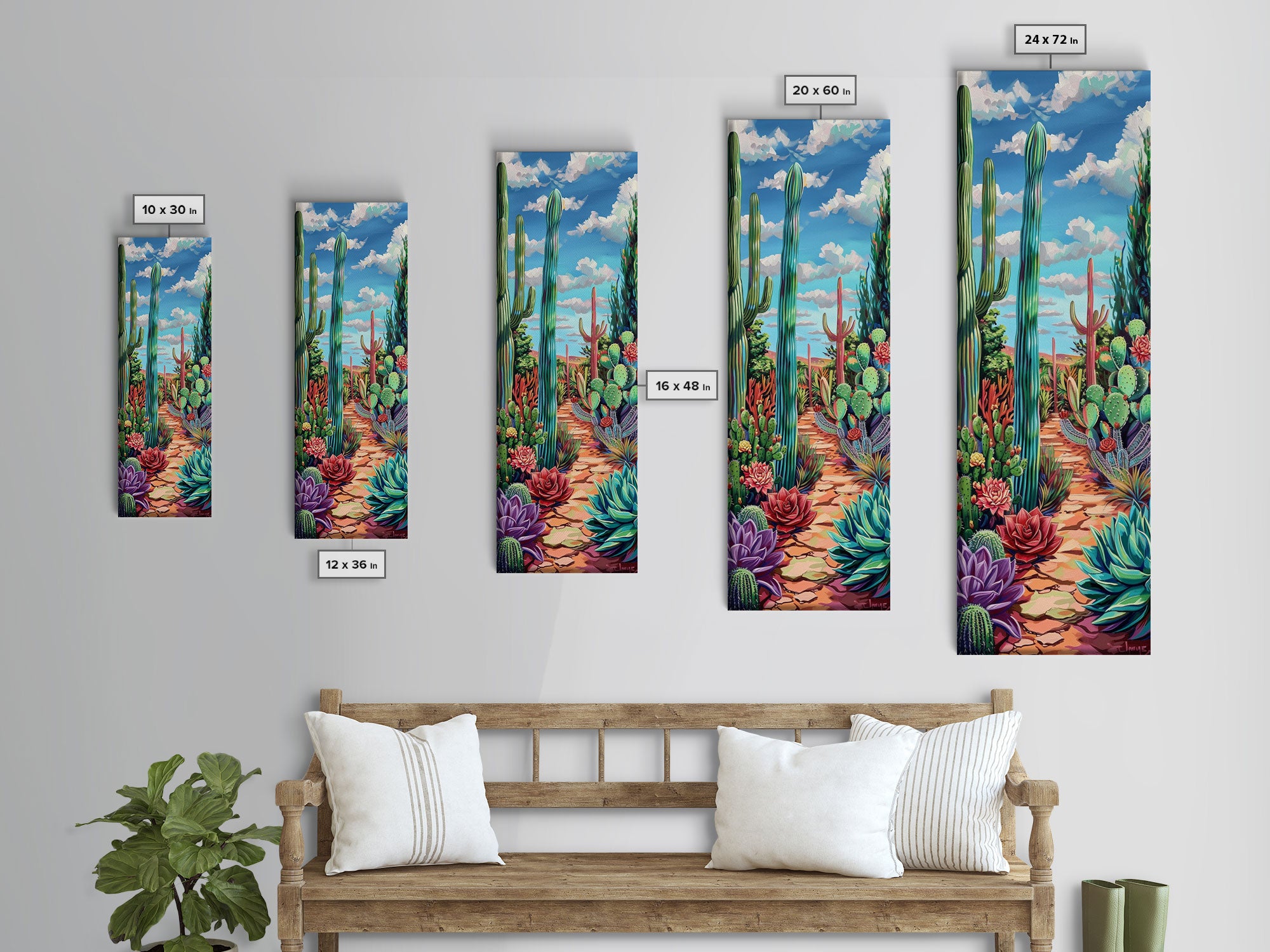 Vertical Printed Framed Canvas Art of Desert Landscape, Colorful Botanical Cactus Painting, Southwestern Wall Art, Vintage Canvas Art