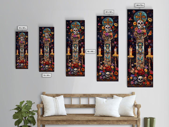 Dia De Los Muertos Sugar Skull Canvas Painting, Gothic Wall Art Print, Skinny Framed Canvas Art, Colorful Day of The Dead Poster Art