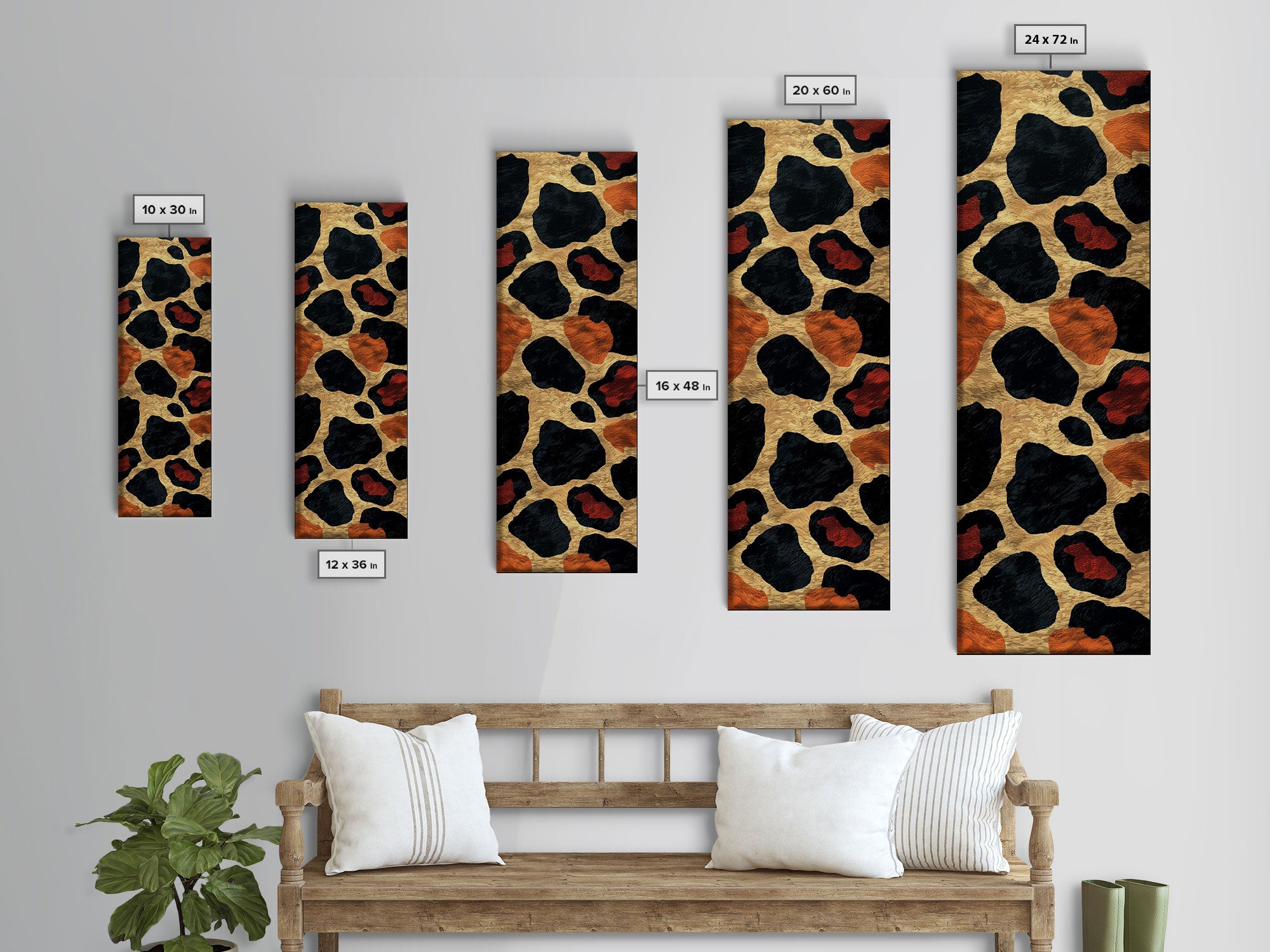 Textured Leopard Print with Red Accents - Framed Canvas Print, Midcentury Modern Wall Art, Skinny Art, Tall Art, Living Room Decor