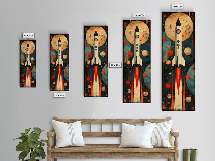 Vintage Rocket Launch Art - Framed Canvas Print, Midcentury Modern Skinny Art, Tall Wall Art for Living Room or Bedroom Decor