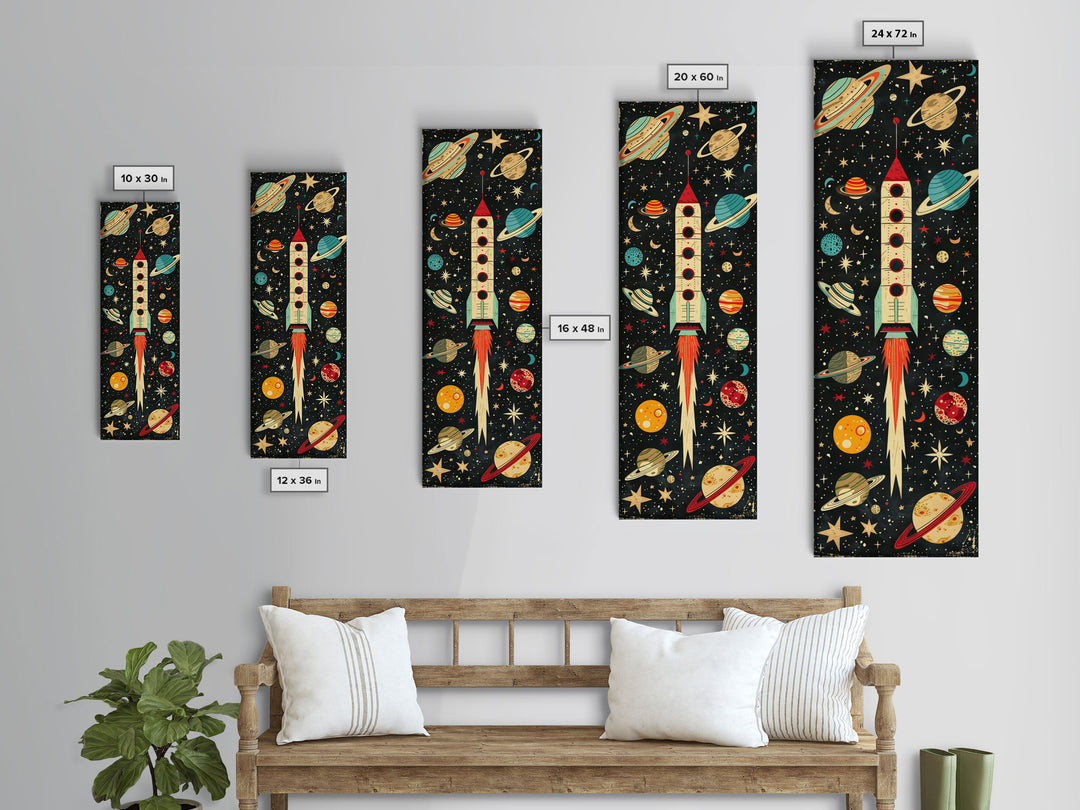 Space Exploration Art with Planets - Framed Canvas Print, Midcentury Modern Skinny Art, Tall Wall Art for Living Room or Bedroom Decor