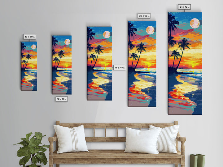 Vibrant Tropical Sunset Midcentury Modern Art - Framed Canvas Print, Boho Art, Skinny Art, Living Room Art, Bedroom Decor, Coastal Landscape