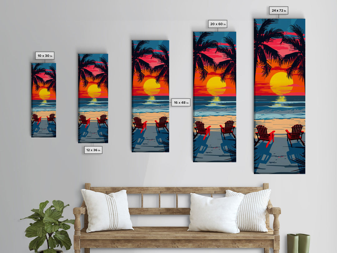 Sunset Beach Chairs Midcentury Modern Wall Art - Framed Canvas Print, Boho Art, Skinny Art, Living Room Art, Bedroom Decor, Tropical Landscape