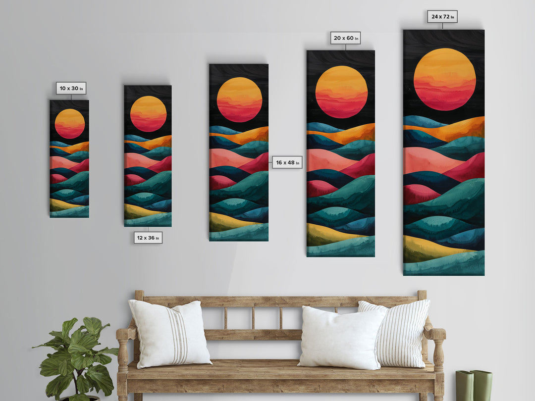 Abstract Sunset Over Hills Midcentury Modern Art - Framed Canvas Print, Boho Art, Skinny Art, Living Room Art, Bedroom Decor, Minimalist Landscape