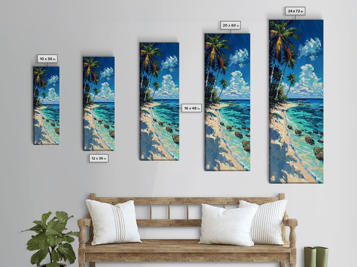 Tropical Beach Scene With Palm Trees Skinny Art Framed Canvas Print For Living Room Or Bedroom Wall Art