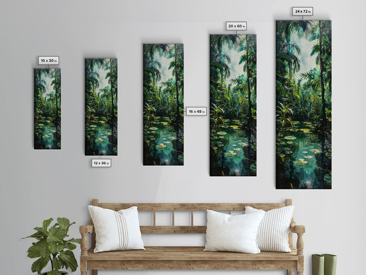 Tropical Island Paradise Scene With Mountain Reflections Skinny Art Framed Canvas Print For Living Room Or Bedroom Wall Art